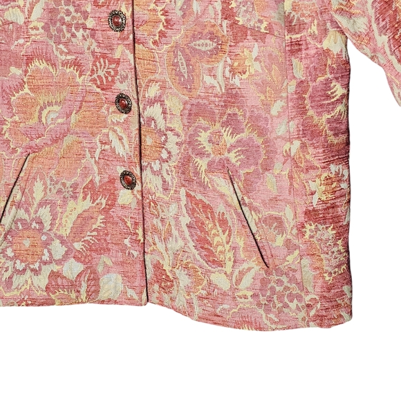 J.Jill Pink Gold Floral Pearl Button Front 3/4 Sleeve Collar Tapestry Jacket 2X - Picture 4 of 10